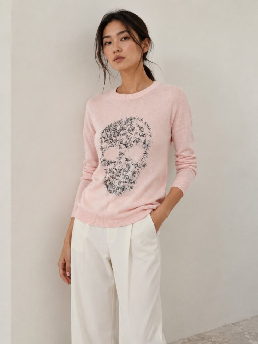 Zadig & Voltaire Gaby Multi Skull Strass Pink Cashmere Wool Sweater Women’s L